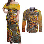 Perth Scorchers Couples Matching Off Shoulder Maxi Dress and Long Sleeve Button Shirt Indigenous Dot Art Superhero Batter Tribal Pattern