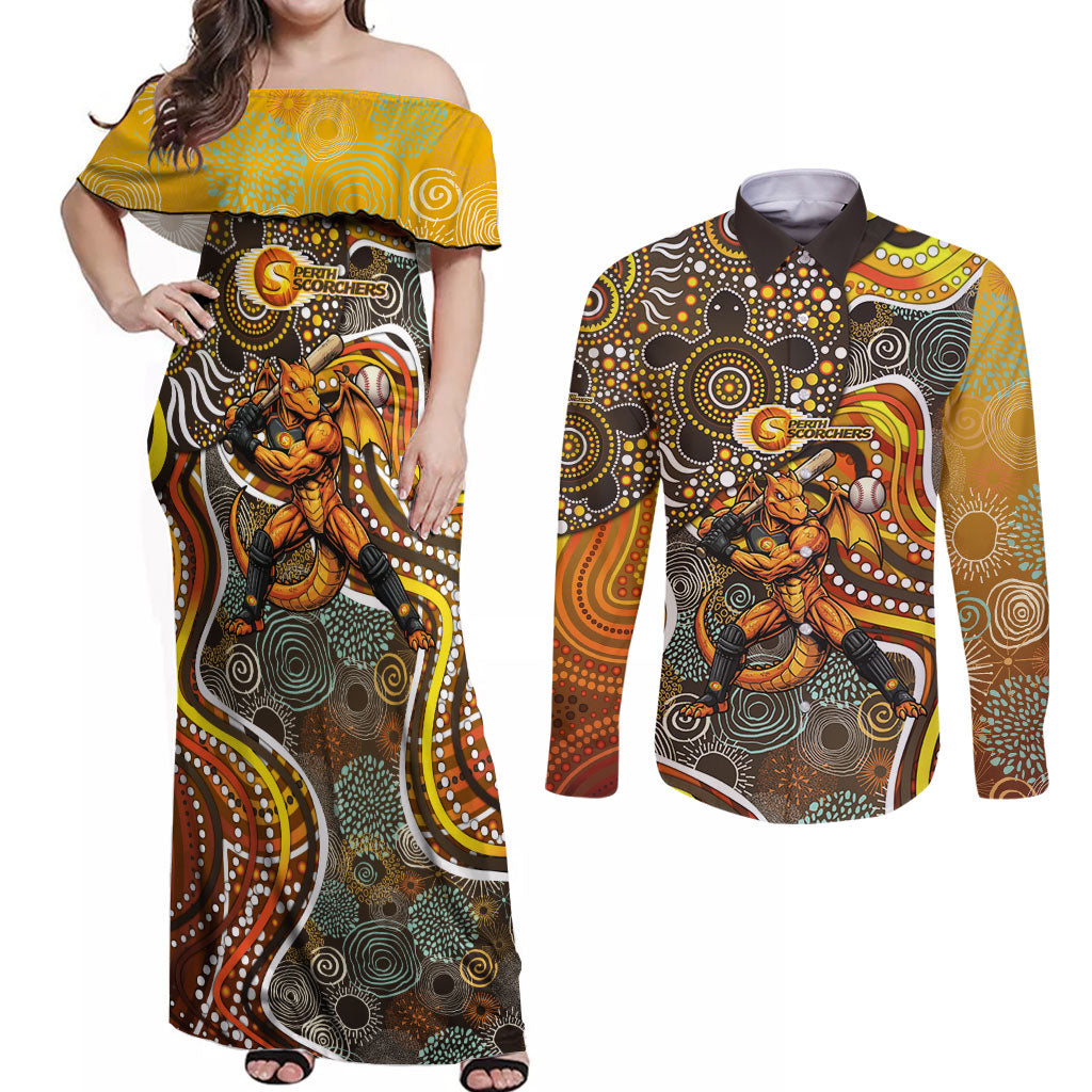 Perth Scorchers Couples Matching Off Shoulder Maxi Dress and Long Sleeve Button Shirt Indigenous Dot Art Superhero Batter Tribal Pattern
