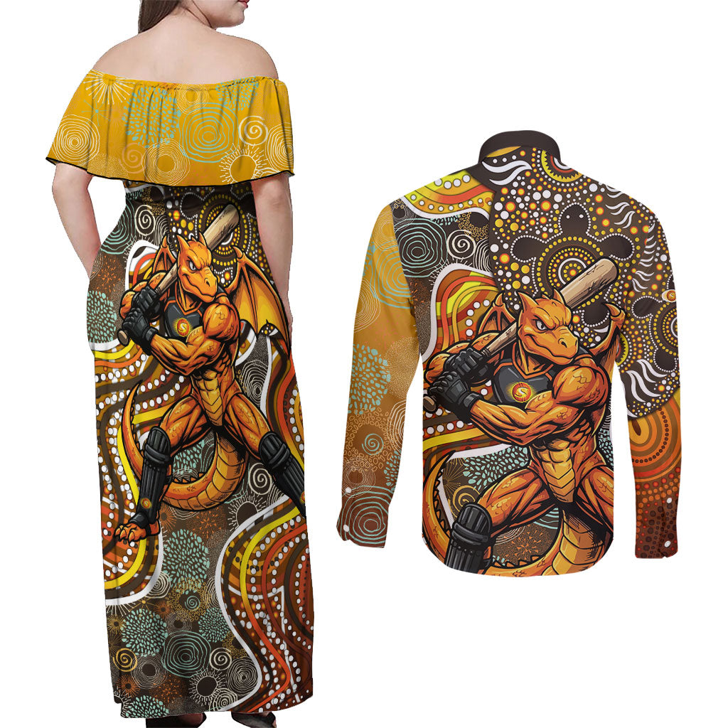 Perth Scorchers Couples Matching Off Shoulder Maxi Dress and Long Sleeve Button Shirt Indigenous Dot Art Superhero Batter Tribal Pattern