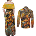 Perth Scorchers Couples Matching Off Shoulder Maxi Dress and Long Sleeve Button Shirt Indigenous Dot Art Superhero Batter Tribal Pattern