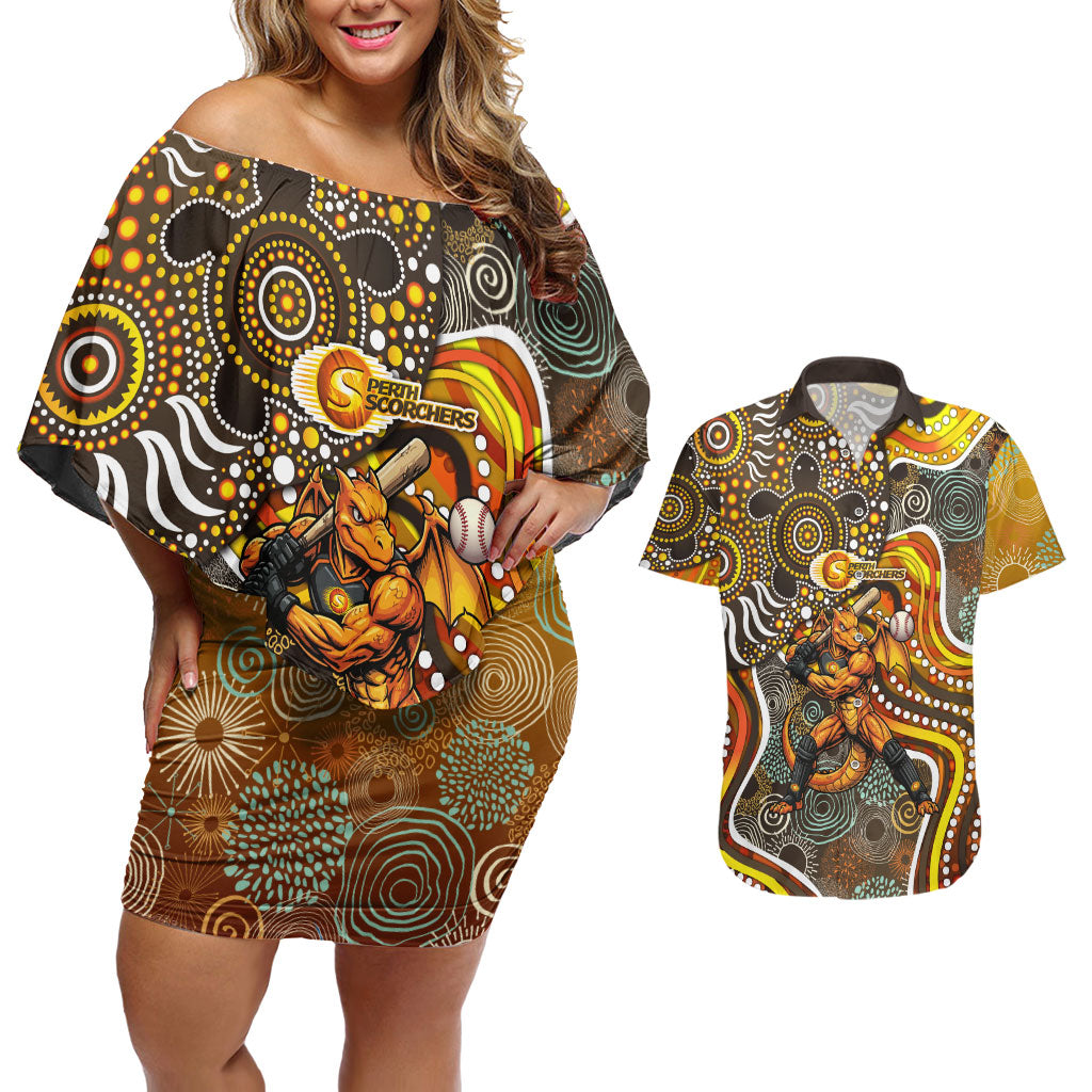 Perth Scorchers Couples Matching Off Shoulder Short Dress and Hawaiian Shirt Indigenous Dot Art Superhero Batter Tribal Pattern