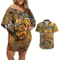 Perth Scorchers Couples Matching Off Shoulder Short Dress and Hawaiian Shirt Indigenous Dot Art Superhero Batter Tribal Pattern