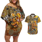 Perth Scorchers Couples Matching Off Shoulder Short Dress and Hawaiian Shirt Indigenous Dot Art Superhero Batter Tribal Pattern