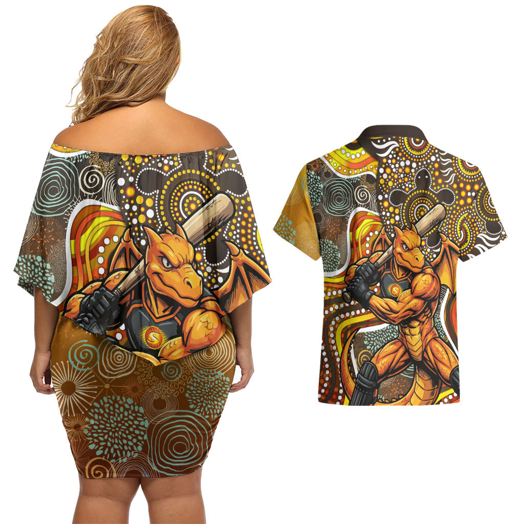 Perth Scorchers Couples Matching Off Shoulder Short Dress and Hawaiian Shirt Indigenous Dot Art Superhero Batter Tribal Pattern