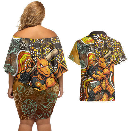 Perth Scorchers Couples Matching Off Shoulder Short Dress and Hawaiian Shirt Indigenous Dot Art Superhero Batter Tribal Pattern