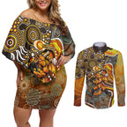Perth Scorchers Couples Matching Off Shoulder Short Dress and Long Sleeve Button Shirt Indigenous Dot Art Superhero Batter Tribal Pattern
