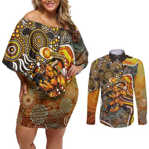 Perth Scorchers Couples Matching Off Shoulder Short Dress and Long Sleeve Button Shirt Indigenous Dot Art Superhero Batter Tribal Pattern