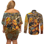 Perth Scorchers Couples Matching Off Shoulder Short Dress and Long Sleeve Button Shirt Indigenous Dot Art Superhero Batter Tribal Pattern