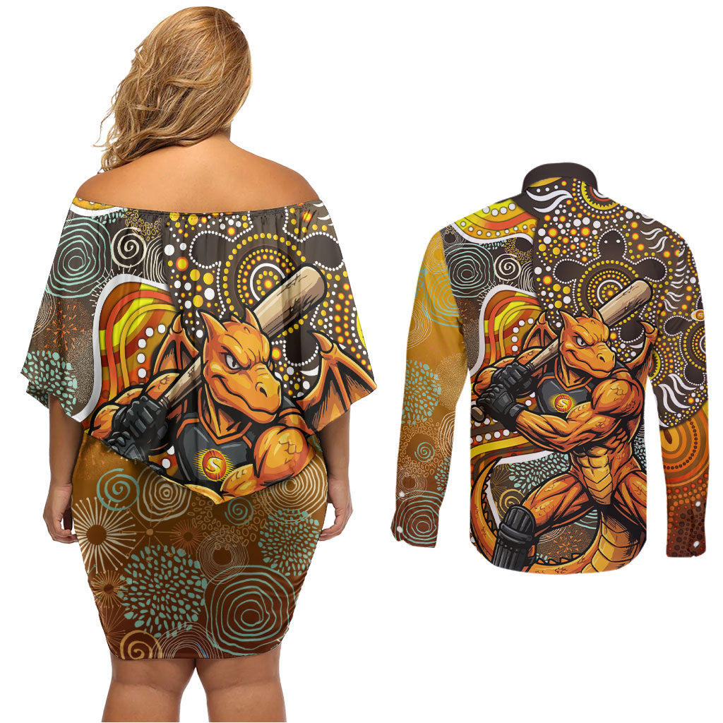 Perth Scorchers Couples Matching Off Shoulder Short Dress and Long Sleeve Button Shirt Indigenous Dot Art Superhero Batter Tribal Pattern
