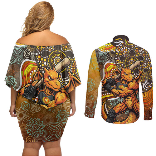Perth Scorchers Couples Matching Off Shoulder Short Dress and Long Sleeve Button Shirt Indigenous Dot Art Superhero Batter Tribal Pattern