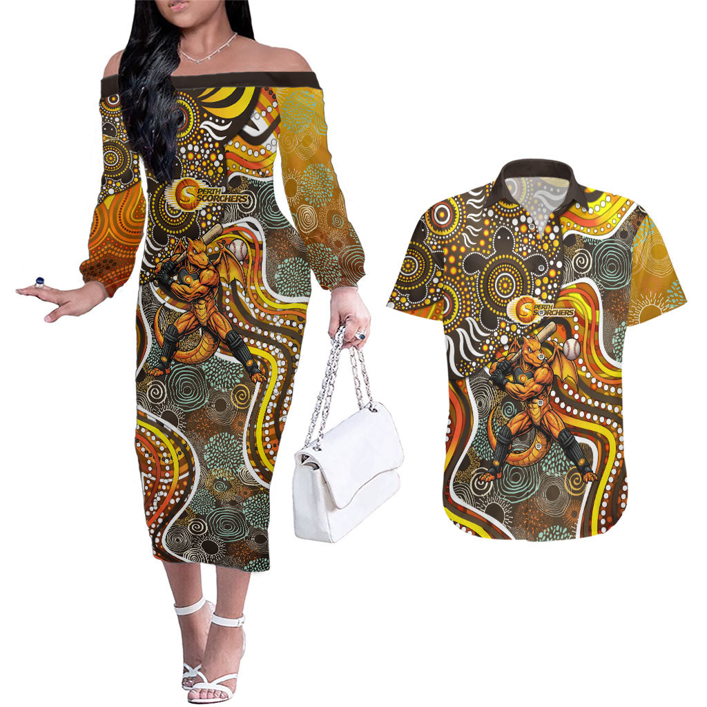 Perth Scorchers Couples Matching Off The Shoulder Long Sleeve Dress and Hawaiian Shirt Indigenous Dot Art Superhero Batter Tribal Pattern