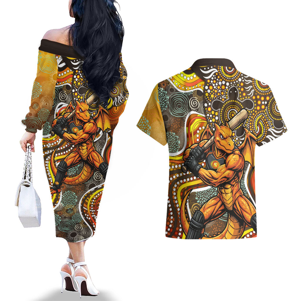 Perth Scorchers Couples Matching Off The Shoulder Long Sleeve Dress and Hawaiian Shirt Indigenous Dot Art Superhero Batter Tribal Pattern