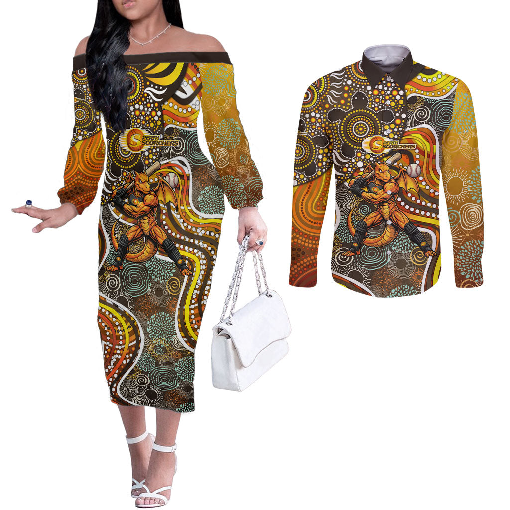 Perth Scorchers Couples Matching Off The Shoulder Long Sleeve Dress and Long Sleeve Button Shirt Indigenous Dot Art Superhero Batter Tribal Pattern