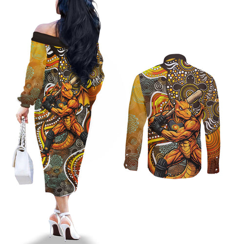 Perth Scorchers Couples Matching Off The Shoulder Long Sleeve Dress and Long Sleeve Button Shirt Indigenous Dot Art Superhero Batter Tribal Pattern