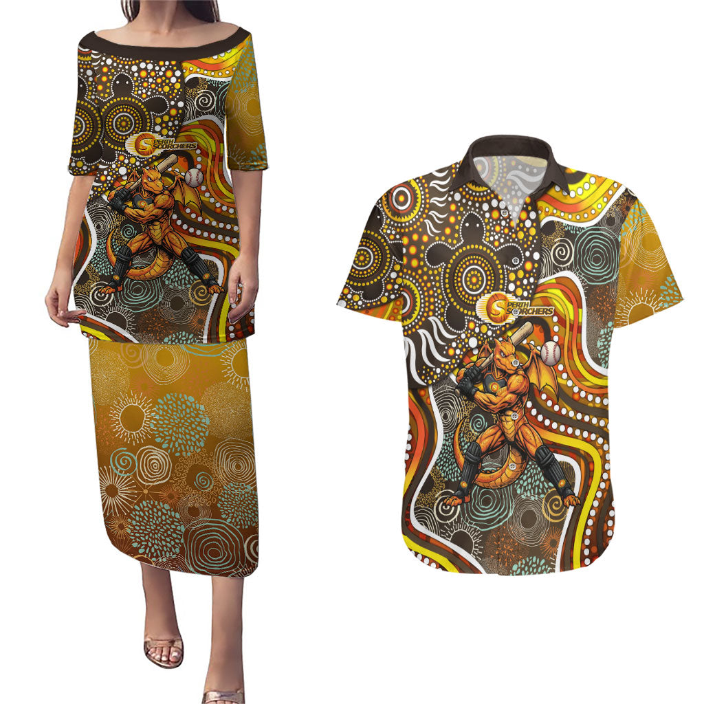 Perth Scorchers Couples Matching Puletasi and Hawaiian Shirt Indigenous Dot Art Superhero Batter Tribal Pattern