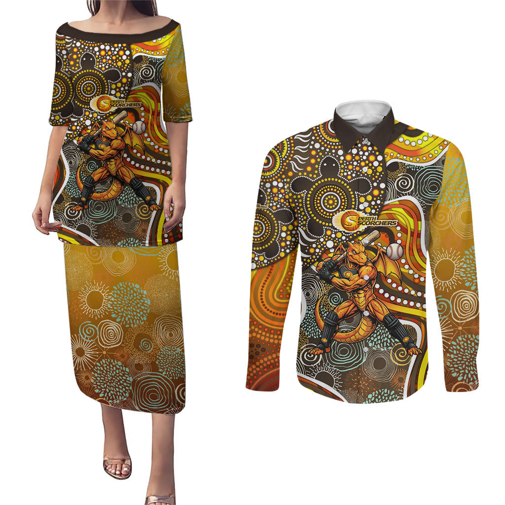 Perth Scorchers Couples Matching Puletasi and Long Sleeve Button Shirt Indigenous Dot Art Superhero Batter Tribal Pattern