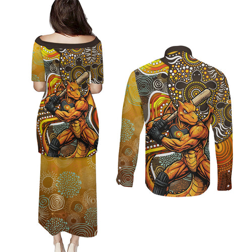 Perth Scorchers Couples Matching Puletasi and Long Sleeve Button Shirt Indigenous Dot Art Superhero Batter Tribal Pattern