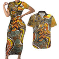 Perth Scorchers Couples Matching Short Sleeve Bodycon Dress and Hawaiian Shirt Indigenous Dot Art Superhero Batter Tribal Pattern