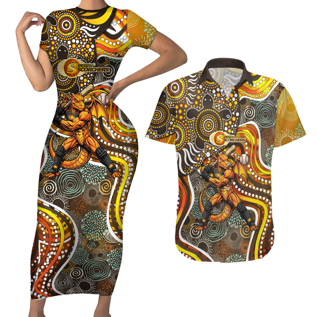 Perth Scorchers Couples Matching Short Sleeve Bodycon Dress and Hawaiian Shirt Indigenous Dot Art Superhero Batter Tribal Pattern