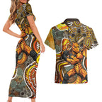 Perth Scorchers Couples Matching Short Sleeve Bodycon Dress and Hawaiian Shirt Indigenous Dot Art Superhero Batter Tribal Pattern