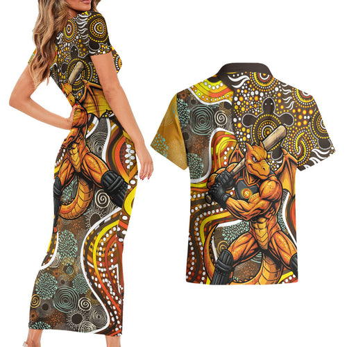 Perth Scorchers Couples Matching Short Sleeve Bodycon Dress and Hawaiian Shirt Indigenous Dot Art Superhero Batter Tribal Pattern