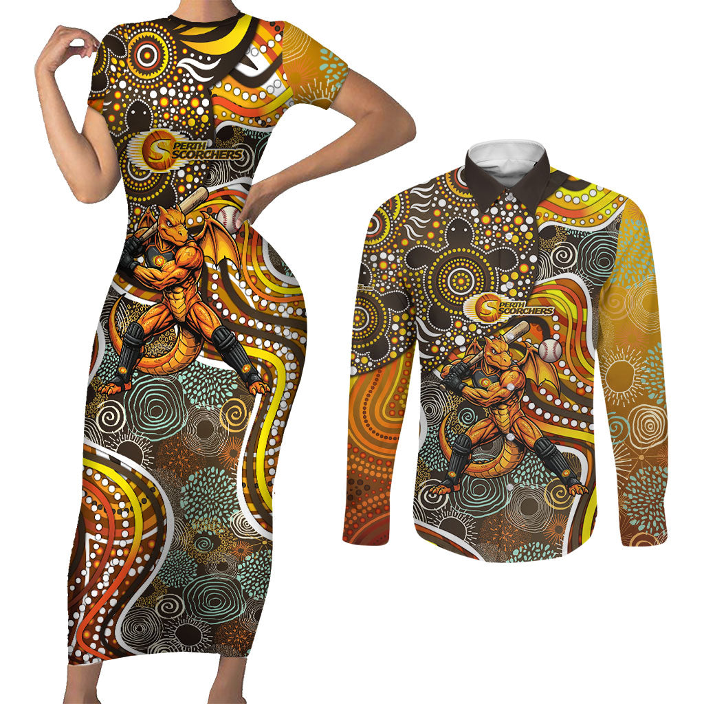 Perth Scorchers Couples Matching Short Sleeve Bodycon Dress and Long Sleeve Button Shirt Indigenous Dot Art Superhero Batter Tribal Pattern