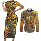 Perth Scorchers Couples Matching Short Sleeve Bodycon Dress and Long Sleeve Button Shirt Indigenous Dot Art Superhero Batter Tribal Pattern