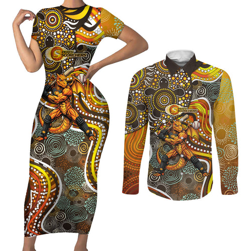 Perth Scorchers Couples Matching Short Sleeve Bodycon Dress and Long Sleeve Button Shirt Indigenous Dot Art Superhero Batter Tribal Pattern