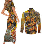 Perth Scorchers Couples Matching Short Sleeve Bodycon Dress and Long Sleeve Button Shirt Indigenous Dot Art Superhero Batter Tribal Pattern