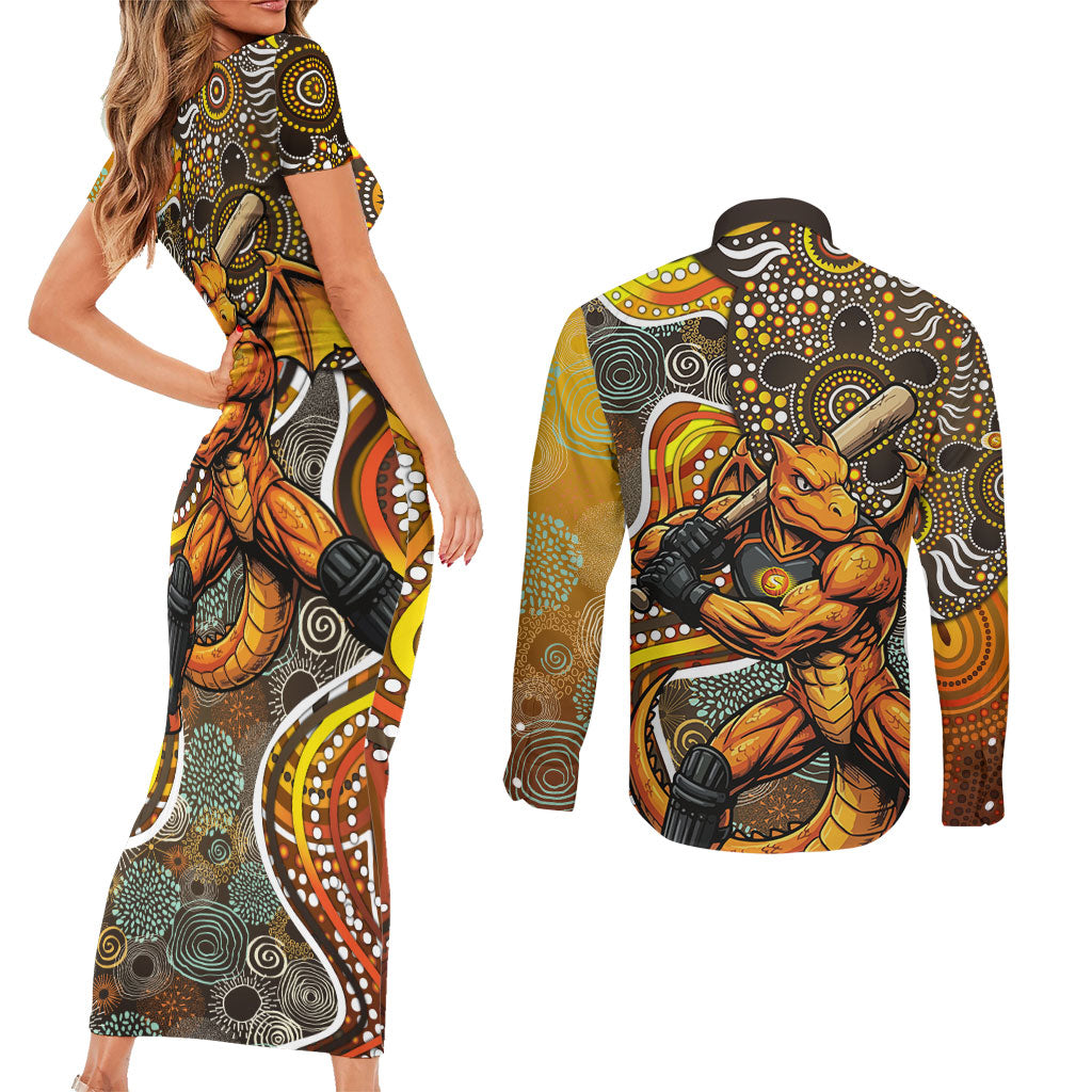 Perth Scorchers Couples Matching Short Sleeve Bodycon Dress and Long Sleeve Button Shirt Indigenous Dot Art Superhero Batter Tribal Pattern