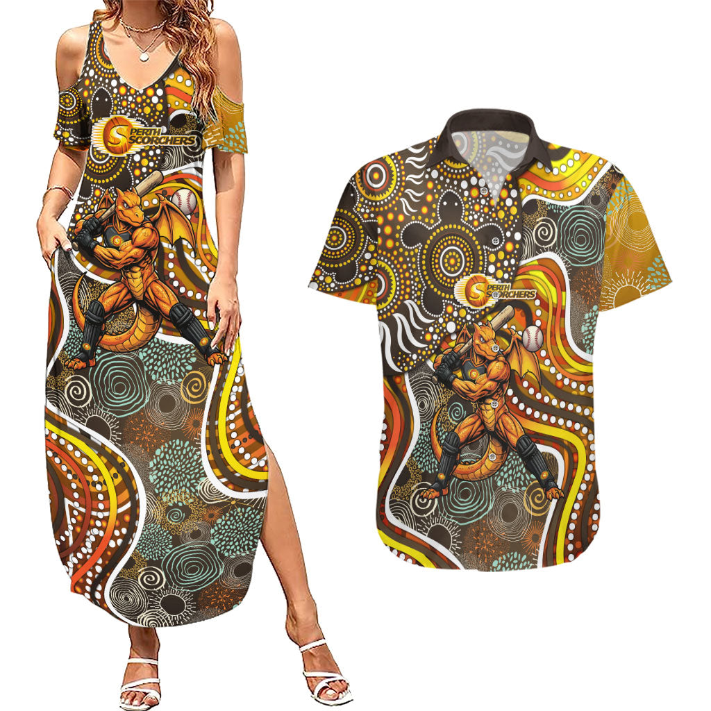 Perth Scorchers Couples Matching Summer Maxi Dress and Hawaiian Shirt Indigenous Dot Art Superhero Batter Tribal Pattern
