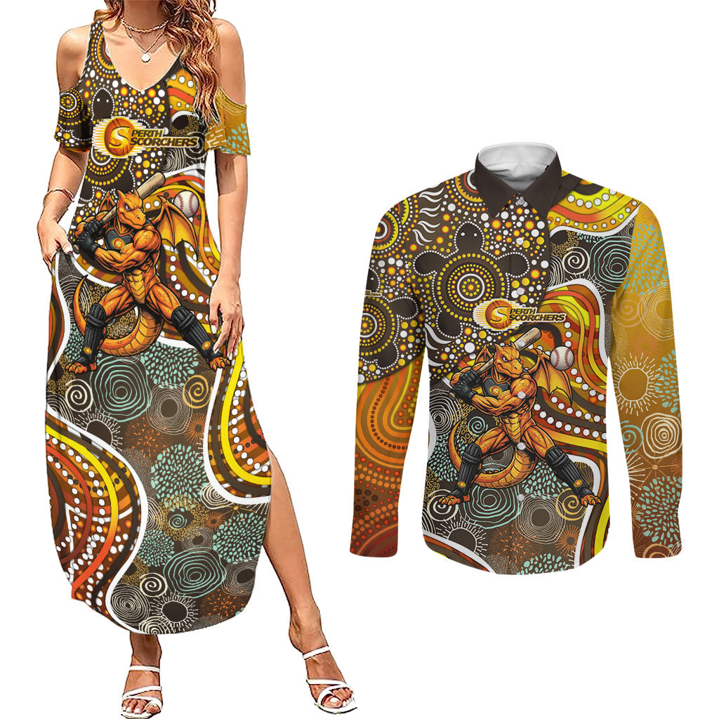 Perth Scorchers Couples Matching Summer Maxi Dress and Long Sleeve Button Shirt Indigenous Dot Art Superhero Batter Tribal Pattern