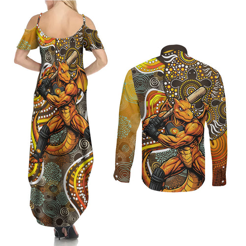 Perth Scorchers Couples Matching Summer Maxi Dress and Long Sleeve Button Shirt Indigenous Dot Art Superhero Batter Tribal Pattern