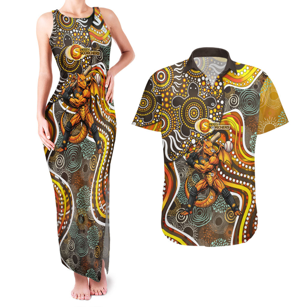 Perth Scorchers Couples Matching Tank Maxi Dress and Hawaiian Shirt Indigenous Dot Art Superhero Batter Tribal Pattern