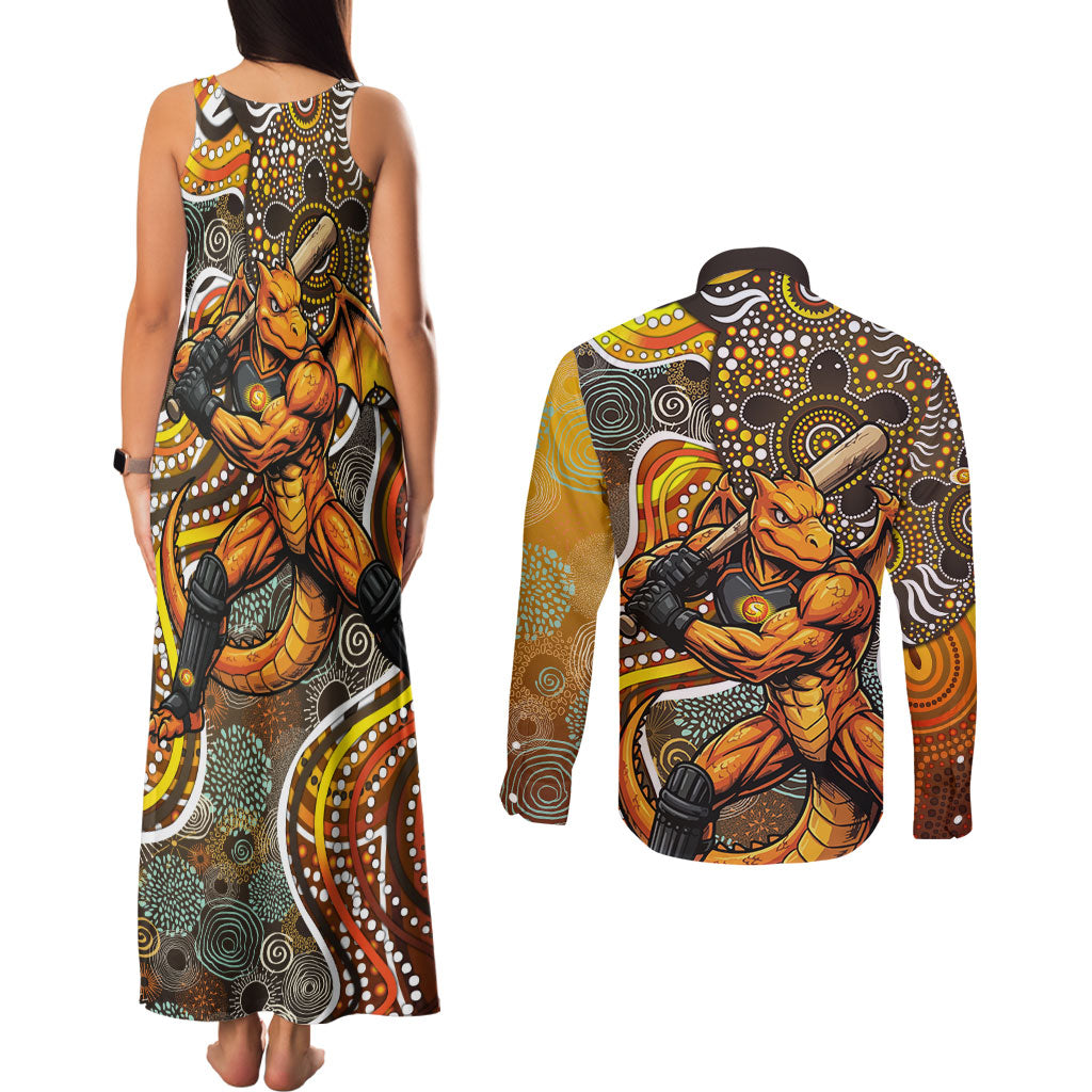 Perth Scorchers Couples Matching Tank Maxi Dress and Long Sleeve Button Shirt Indigenous Dot Art Superhero Batter Tribal Pattern