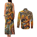 Perth Scorchers Couples Matching Tank Maxi Dress and Long Sleeve Button Shirt Indigenous Dot Art Superhero Batter Tribal Pattern