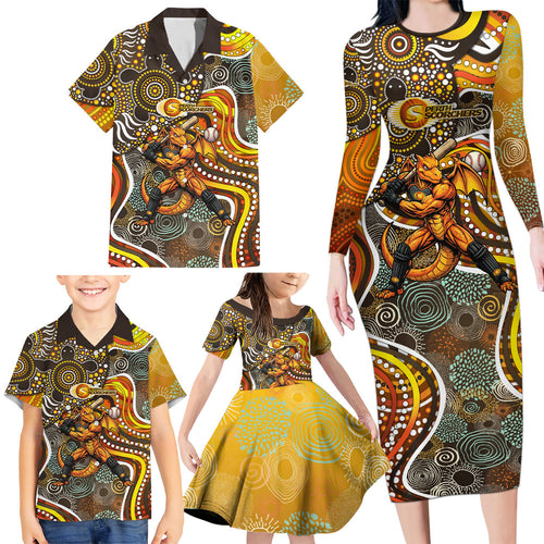 Perth Scorchers Family Matching Long Sleeve Bodycon Dress and Hawaiian Shirt Indigenous Dot Art Superhero Batter Tribal Pattern