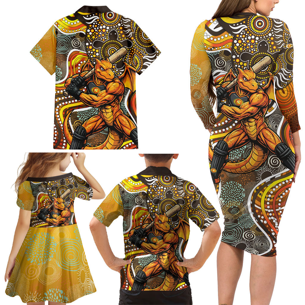 Perth Scorchers Family Matching Long Sleeve Bodycon Dress and Hawaiian Shirt Indigenous Dot Art Superhero Batter Tribal Pattern