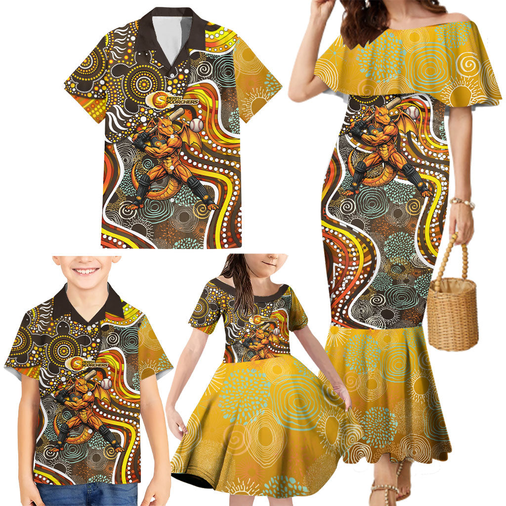 Perth Scorchers Family Matching Mermaid Dress and Hawaiian Shirt Indigenous Dot Art Superhero Batter Tribal Pattern