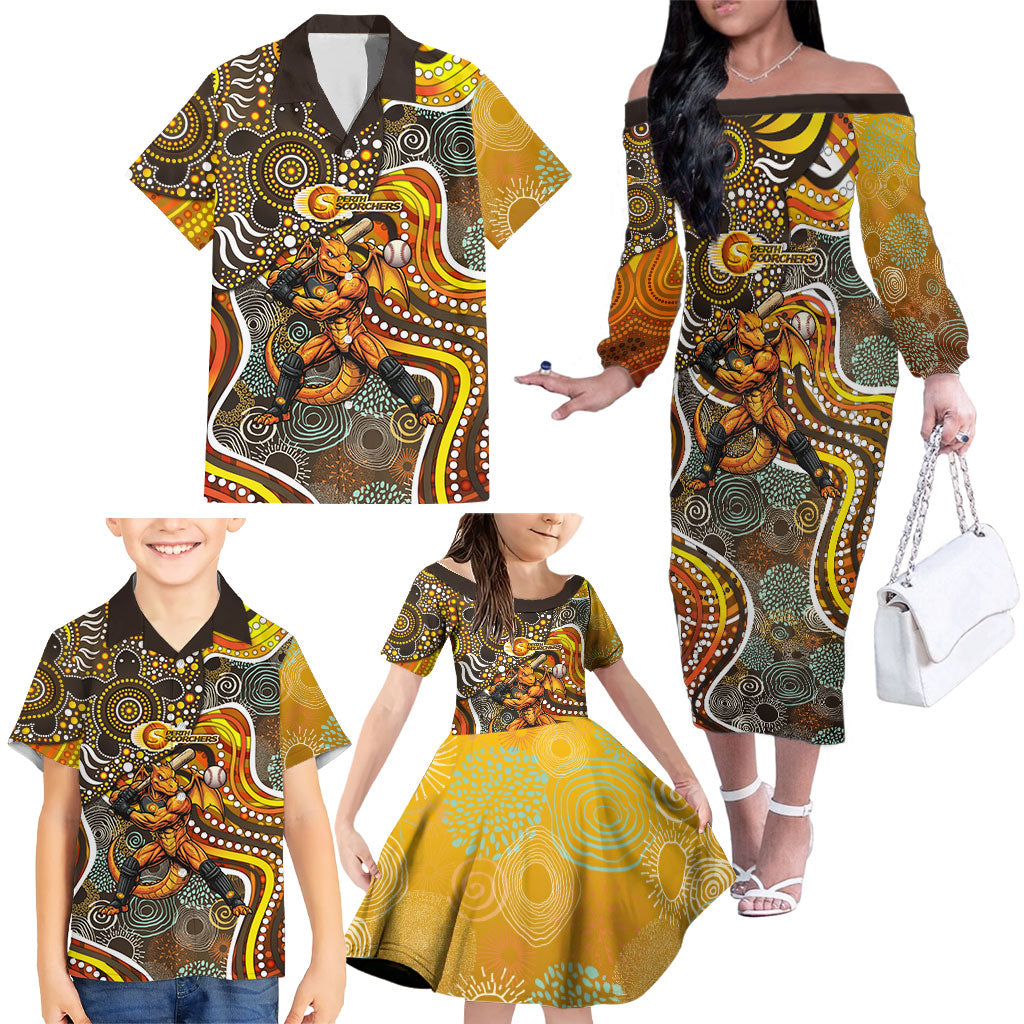 Perth Scorchers Family Matching Off The Shoulder Long Sleeve Dress and Hawaiian Shirt Indigenous Dot Art Superhero Batter Tribal Pattern