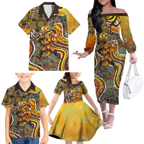 Perth Scorchers Family Matching Off The Shoulder Long Sleeve Dress and Hawaiian Shirt Indigenous Dot Art Superhero Batter Tribal Pattern
