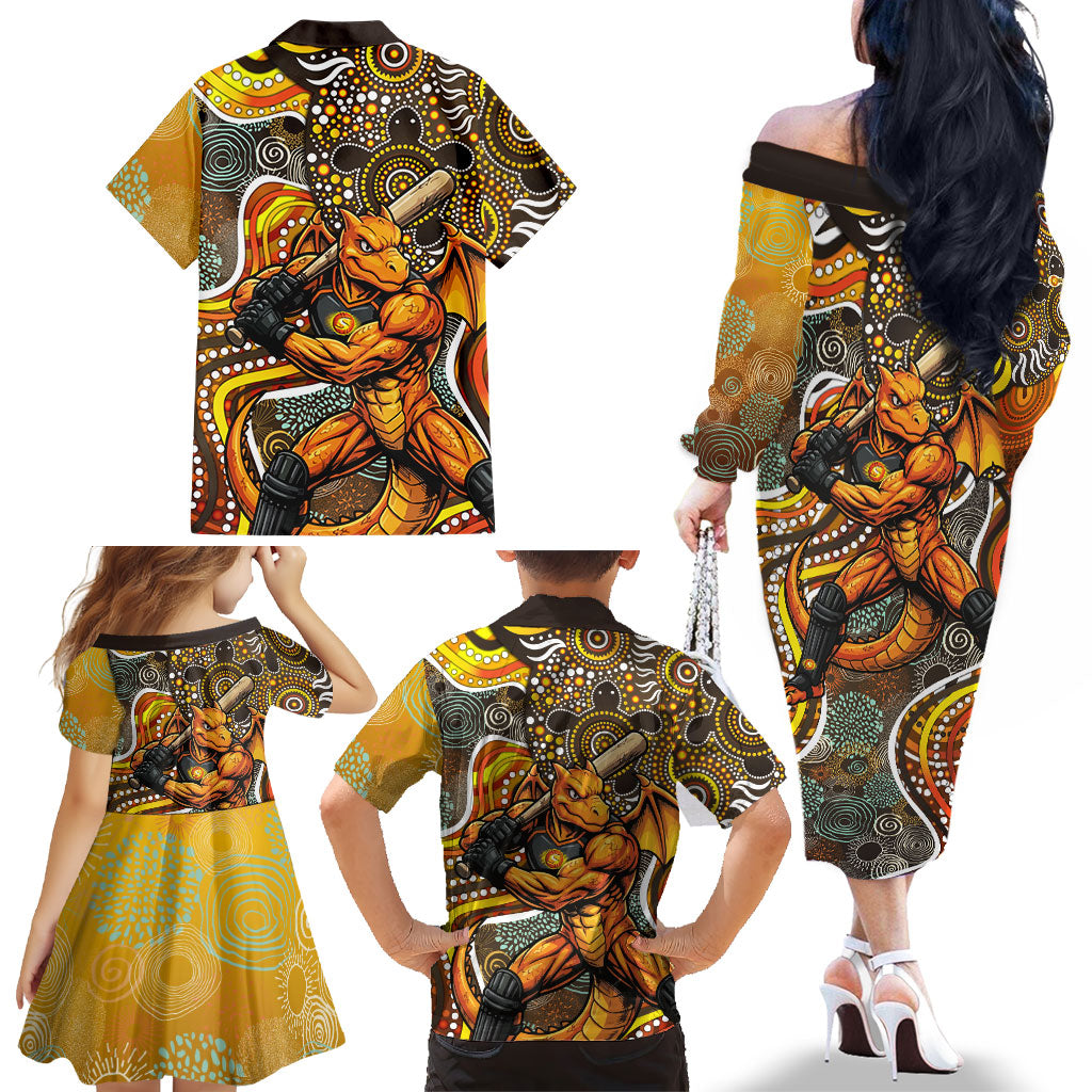 Perth Scorchers Family Matching Off The Shoulder Long Sleeve Dress and Hawaiian Shirt Indigenous Dot Art Superhero Batter Tribal Pattern