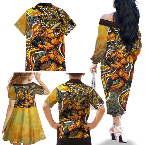 Perth Scorchers Family Matching Off The Shoulder Long Sleeve Dress and Hawaiian Shirt Indigenous Dot Art Superhero Batter Tribal Pattern