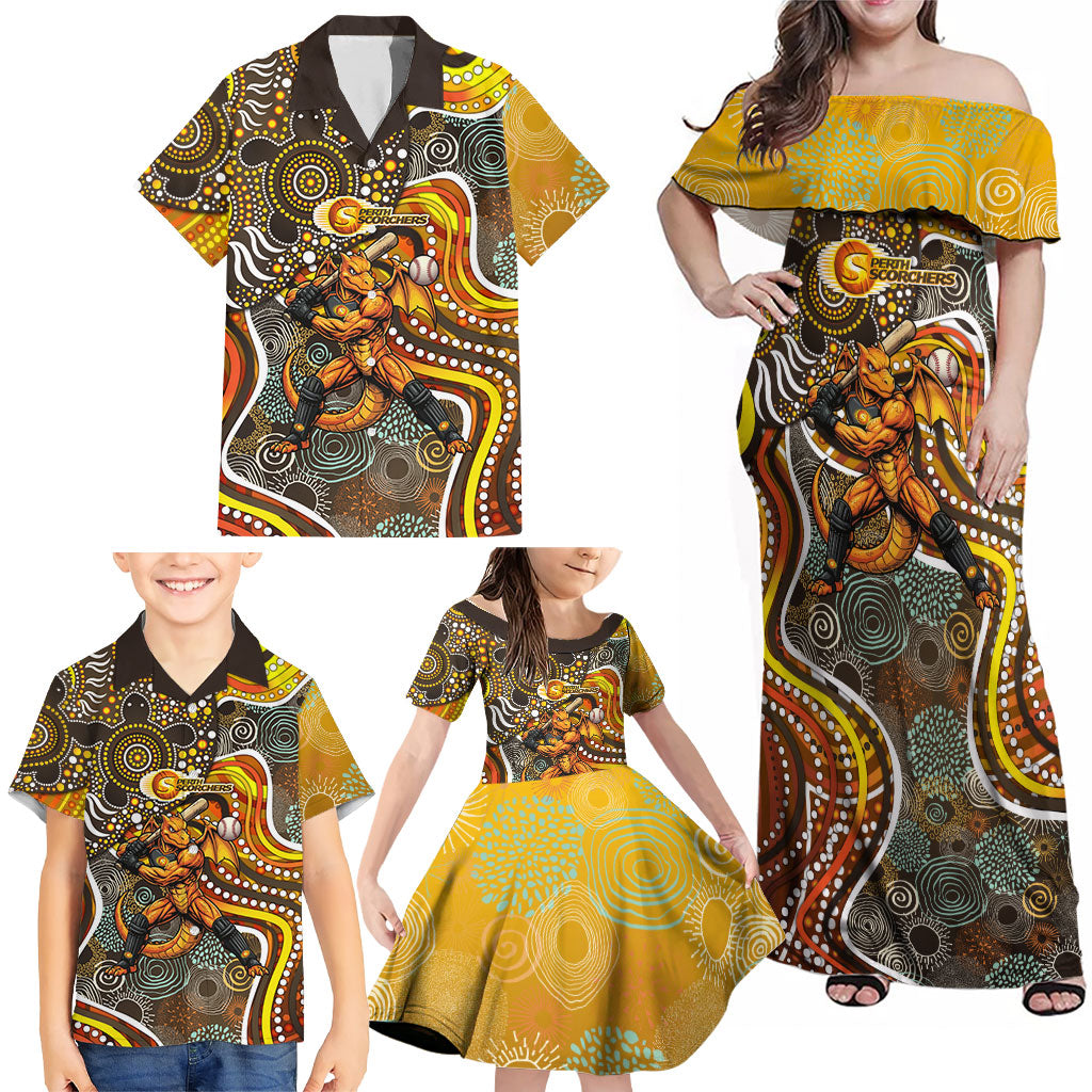 Perth Scorchers Family Matching Off Shoulder Maxi Dress and Hawaiian Shirt Indigenous Dot Art Superhero Batter Tribal Pattern
