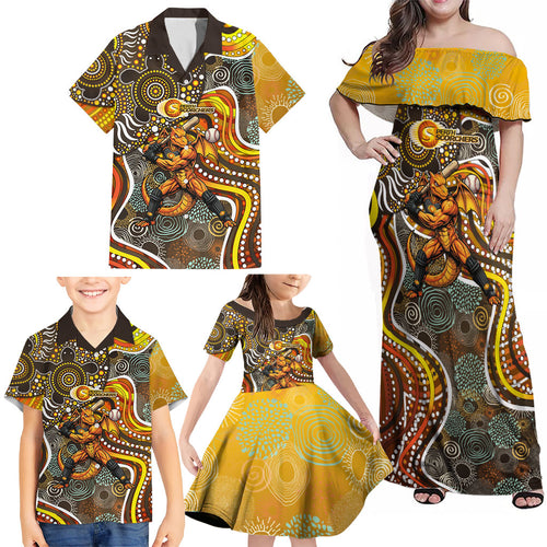 Perth Scorchers Family Matching Off Shoulder Maxi Dress and Hawaiian Shirt Indigenous Dot Art Superhero Batter Tribal Pattern