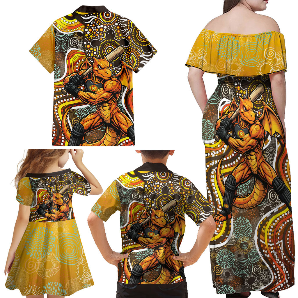 Perth Scorchers Family Matching Off Shoulder Maxi Dress and Hawaiian Shirt Indigenous Dot Art Superhero Batter Tribal Pattern