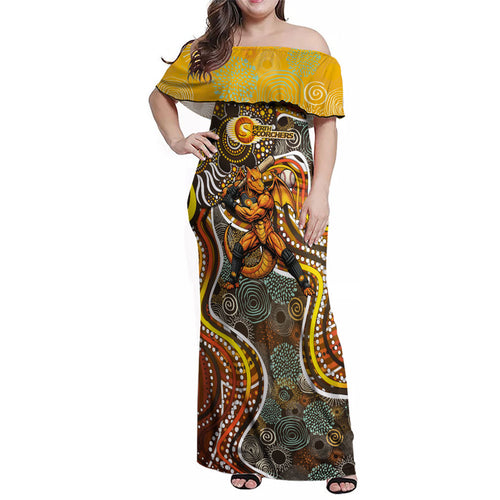 Perth Scorchers Family Matching Off Shoulder Maxi Dress and Hawaiian Shirt Indigenous Dot Art Superhero Batter Tribal Pattern