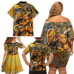 Perth Scorchers Family Matching Off Shoulder Short Dress and Hawaiian Shirt Indigenous Dot Art Superhero Batter Tribal Pattern