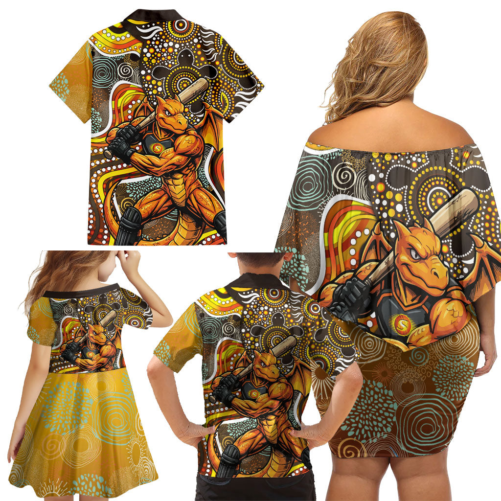 Perth Scorchers Family Matching Off Shoulder Short Dress and Hawaiian Shirt Indigenous Dot Art Superhero Batter Tribal Pattern