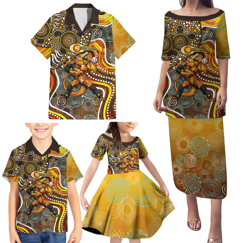 Perth Scorchers Family Matching Puletasi and Hawaiian Shirt Indigenous Dot Art Superhero Batter Tribal Pattern